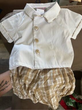 White & Tan Plaid Baby Matching Set - Short Sleeve Shirt and Bloomers